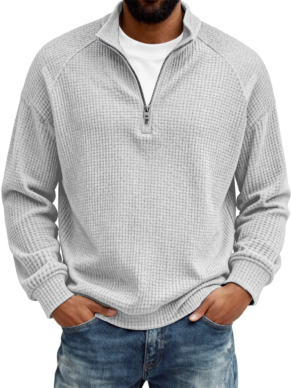 Men's Retro Casual Waffle Fabric Raglan Sleeve Quarter-Zip Long-Sleeve T-Shirt