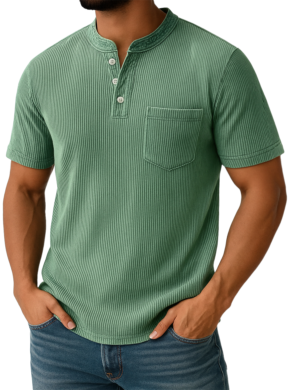 Men's Retro Stand-up Collar Ribbed Texture Vertical Stripe Pocket Casual T-shirt