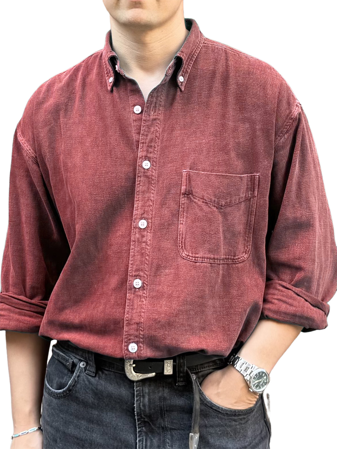 Men's Retro Fashion Distressed Pocket Long-Sleeve Shirt