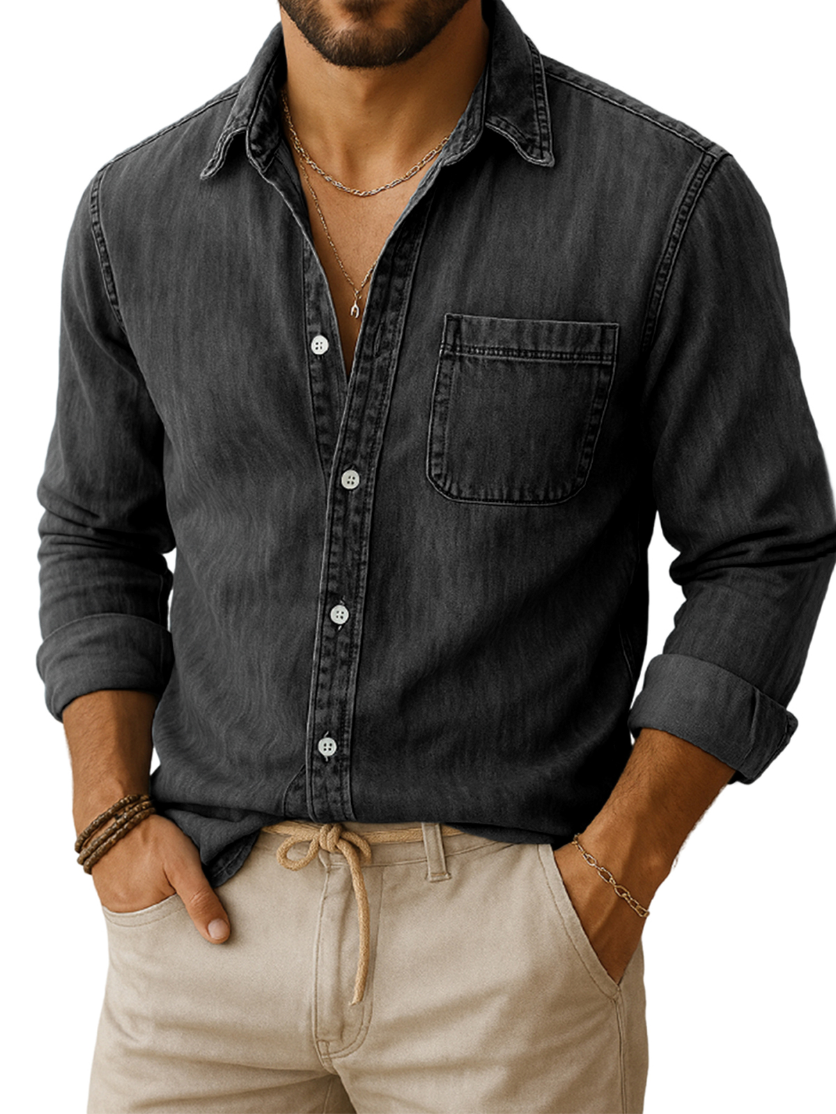 Men's Vintage Casual Everyday Long-sleeved Shirt With Chest Pocket