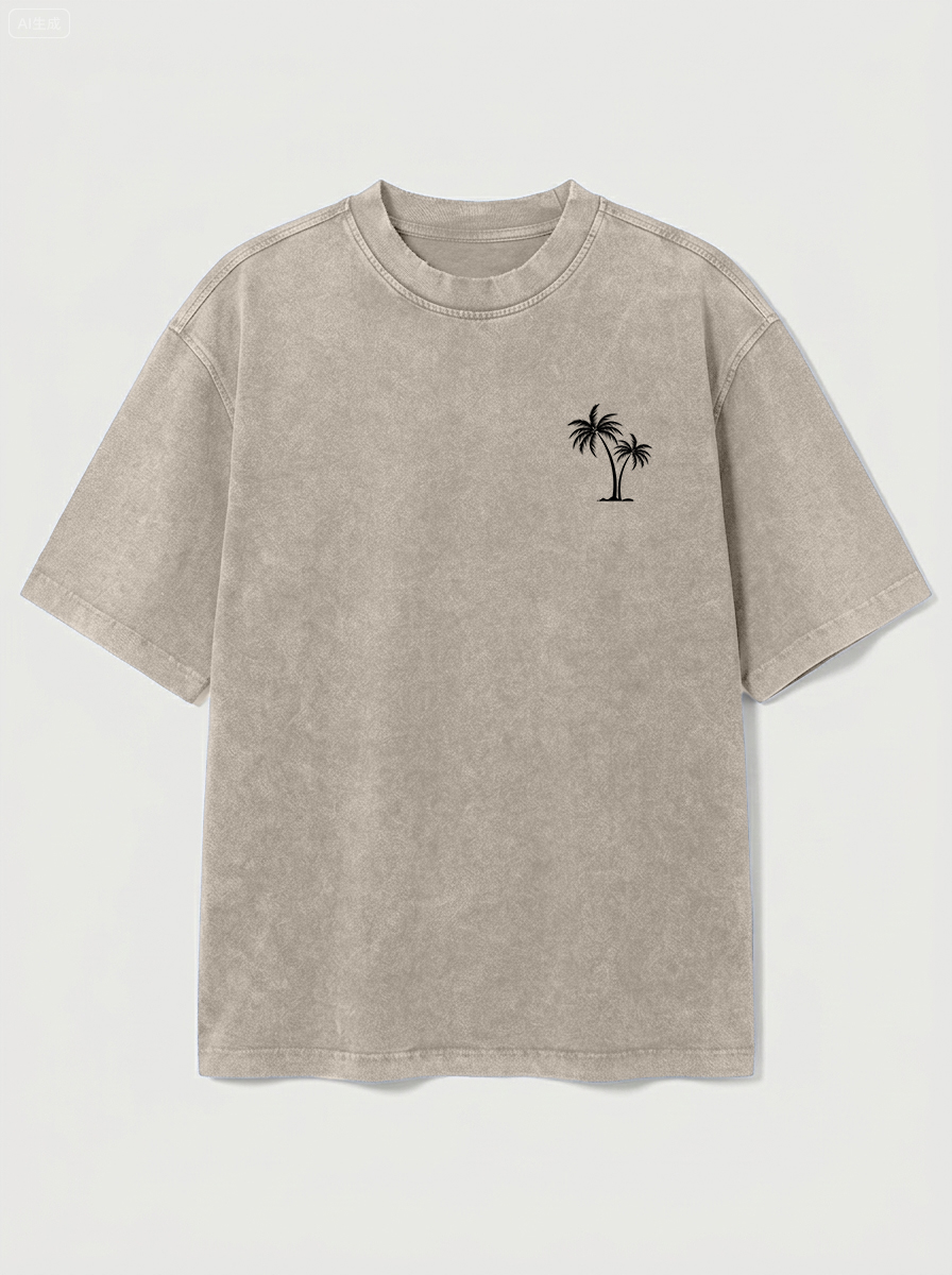 100% Cotton Vintage Washed & Distressed Crew-Neck Short-Sleeve T-Shirt with Palm Tree Print