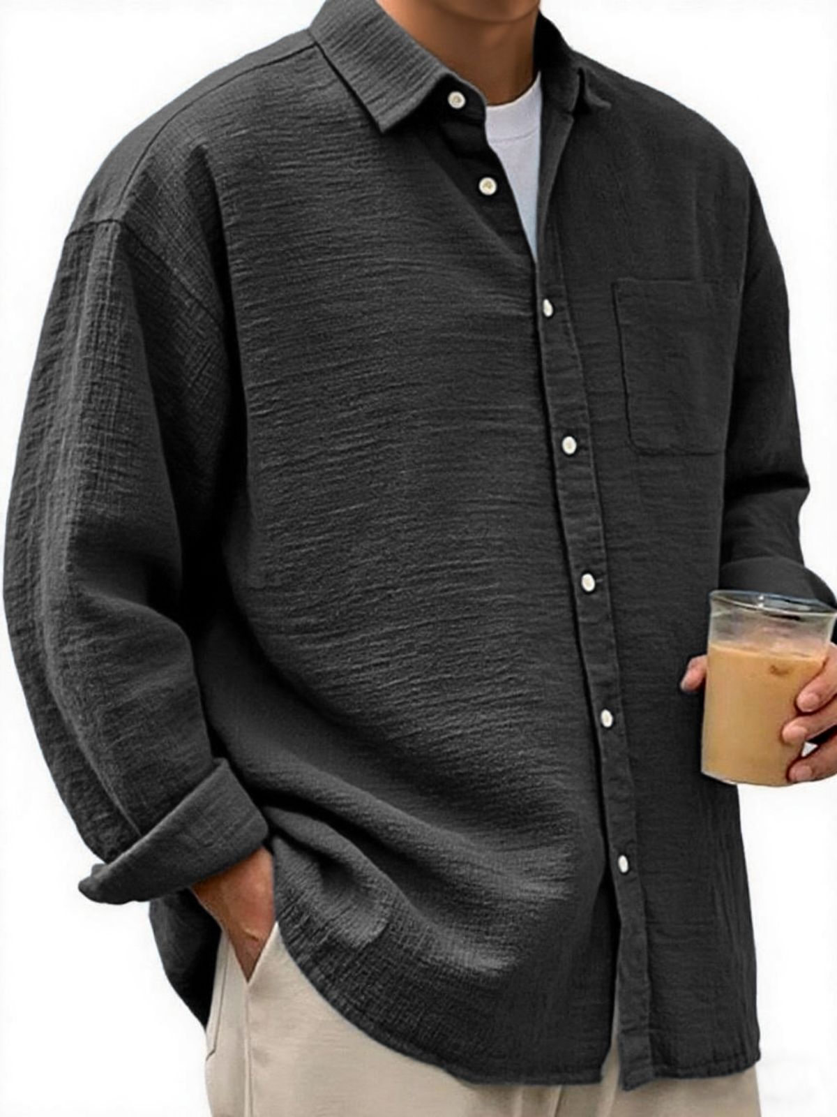 Men's Crinkled Linen Urban Casual Daily Long-sleeve Shirt with Chest Pocket