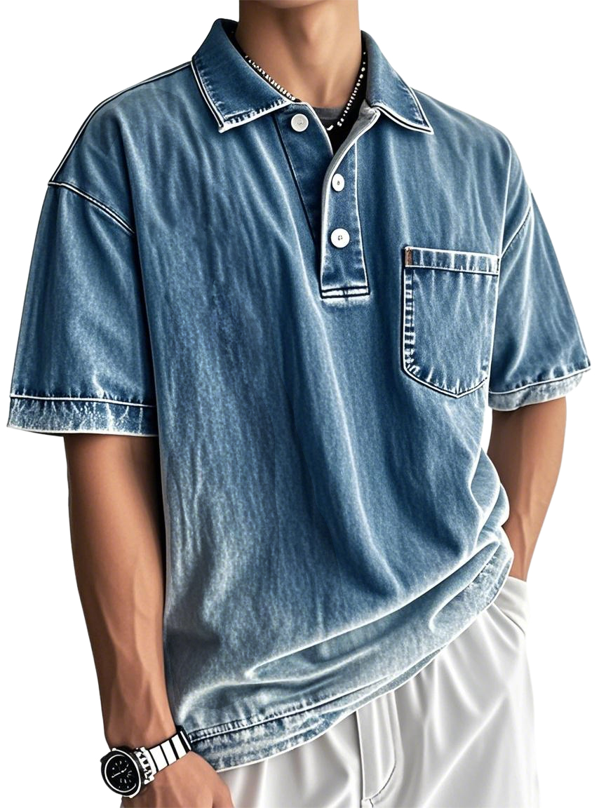 Men's Washed And Distressed Cotton Vintage Casual Polo Shirt