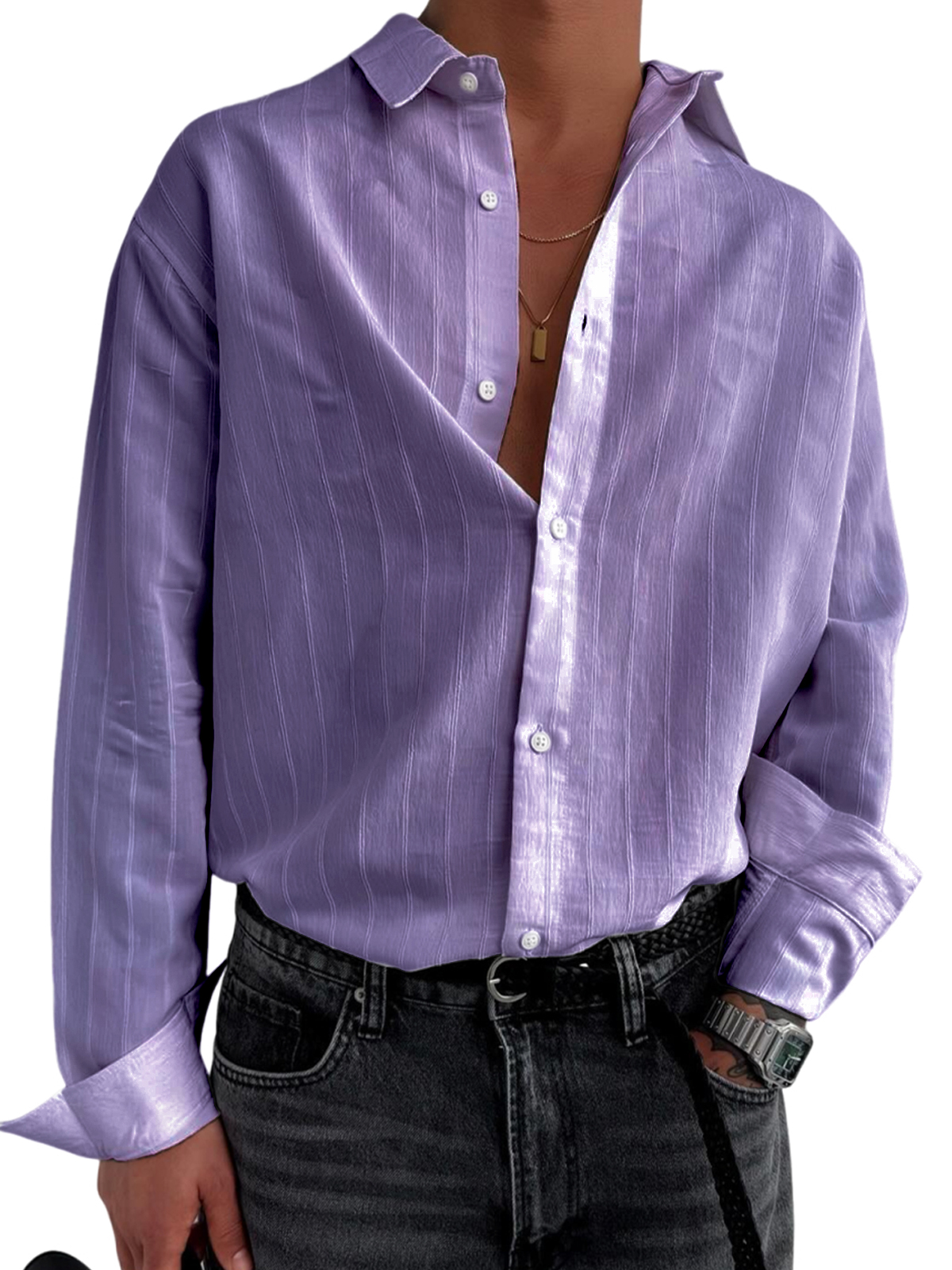 Men's Stylish Striped Textured Casual Long Sleeve Shirt