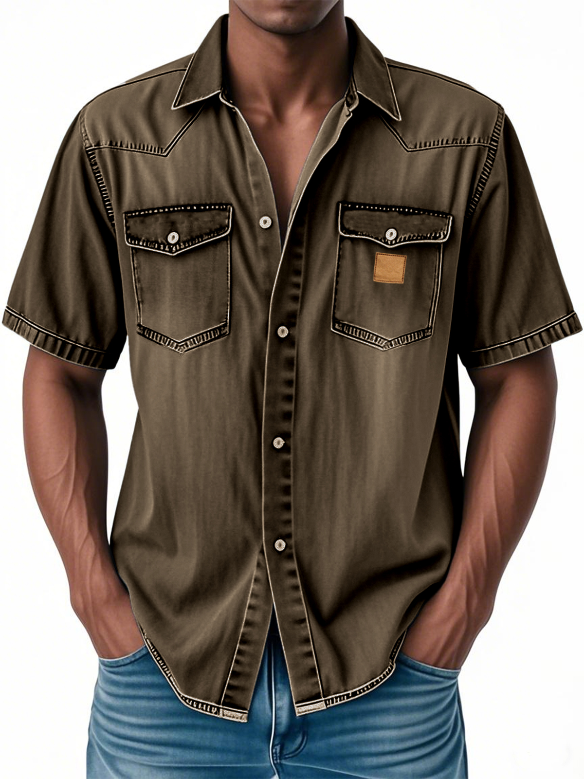 Men's Retro Western Embroidered Multi-Pocket Button Casual Short Sleeve Shirt