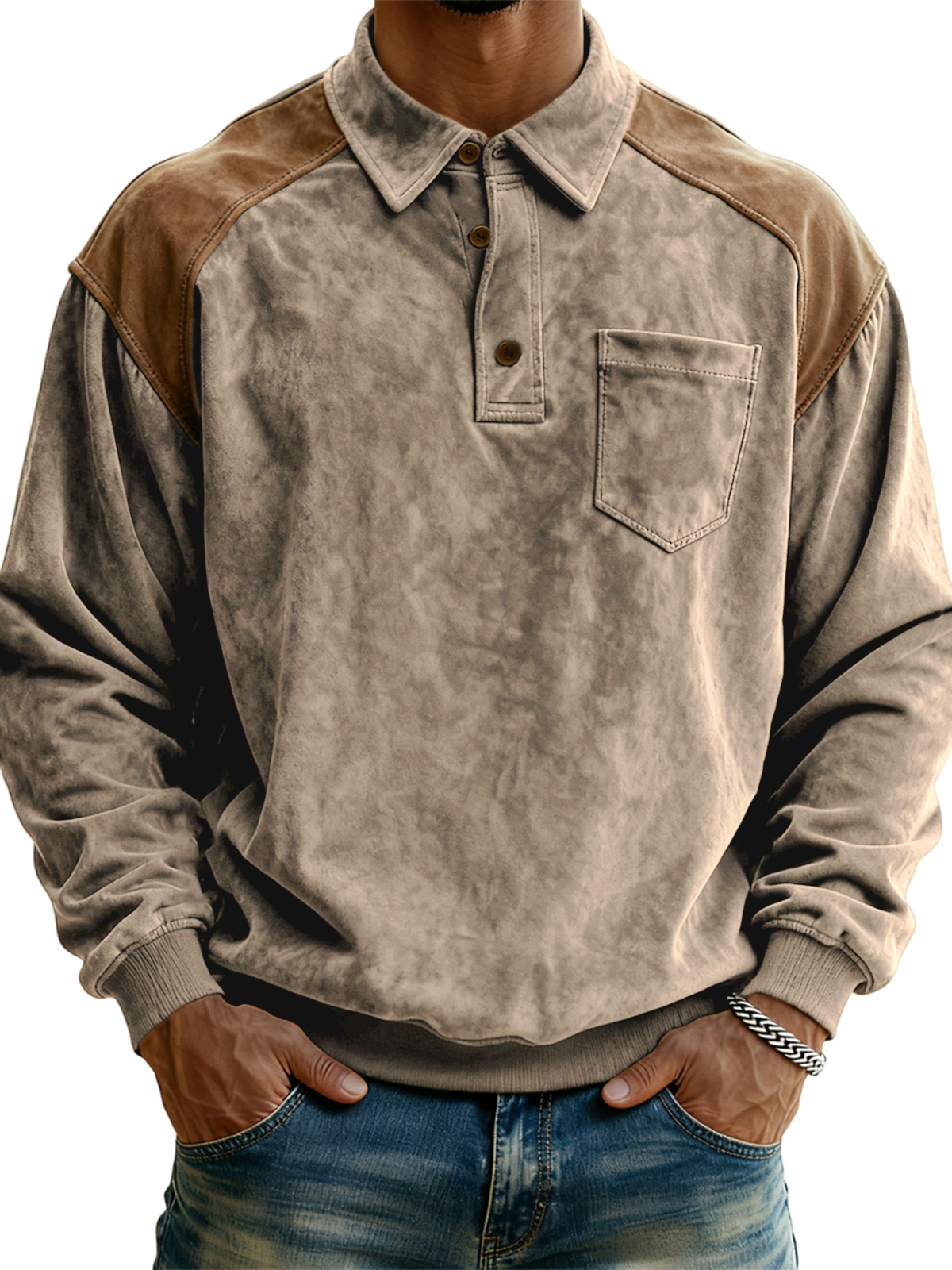 Men's Vintage Polo Sweatshirt with Contrast Suede Shoulders