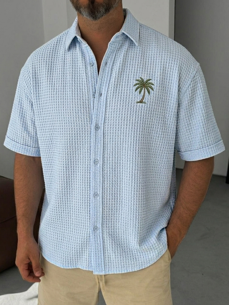Men's Simple Casual Loose Fit Waffle-Knit Short Sleeve Shirt with Palm Tree Pattern