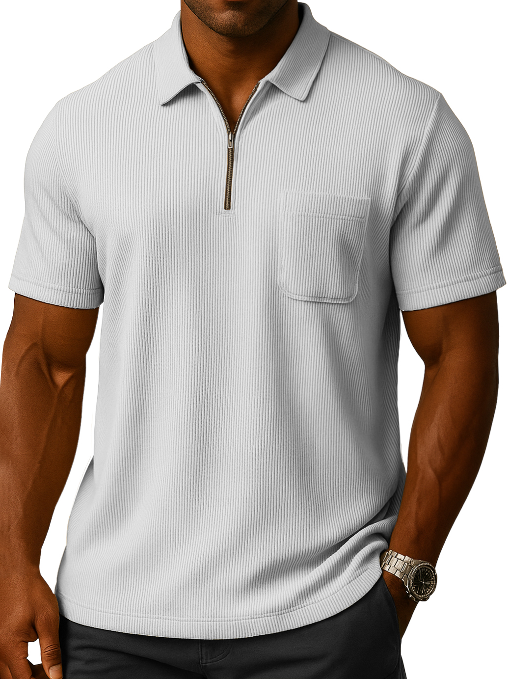 Men's Solid Color Loose And Comfortable Vertical Stripes Zipper Pocket Short-sleeved Polo Shirt