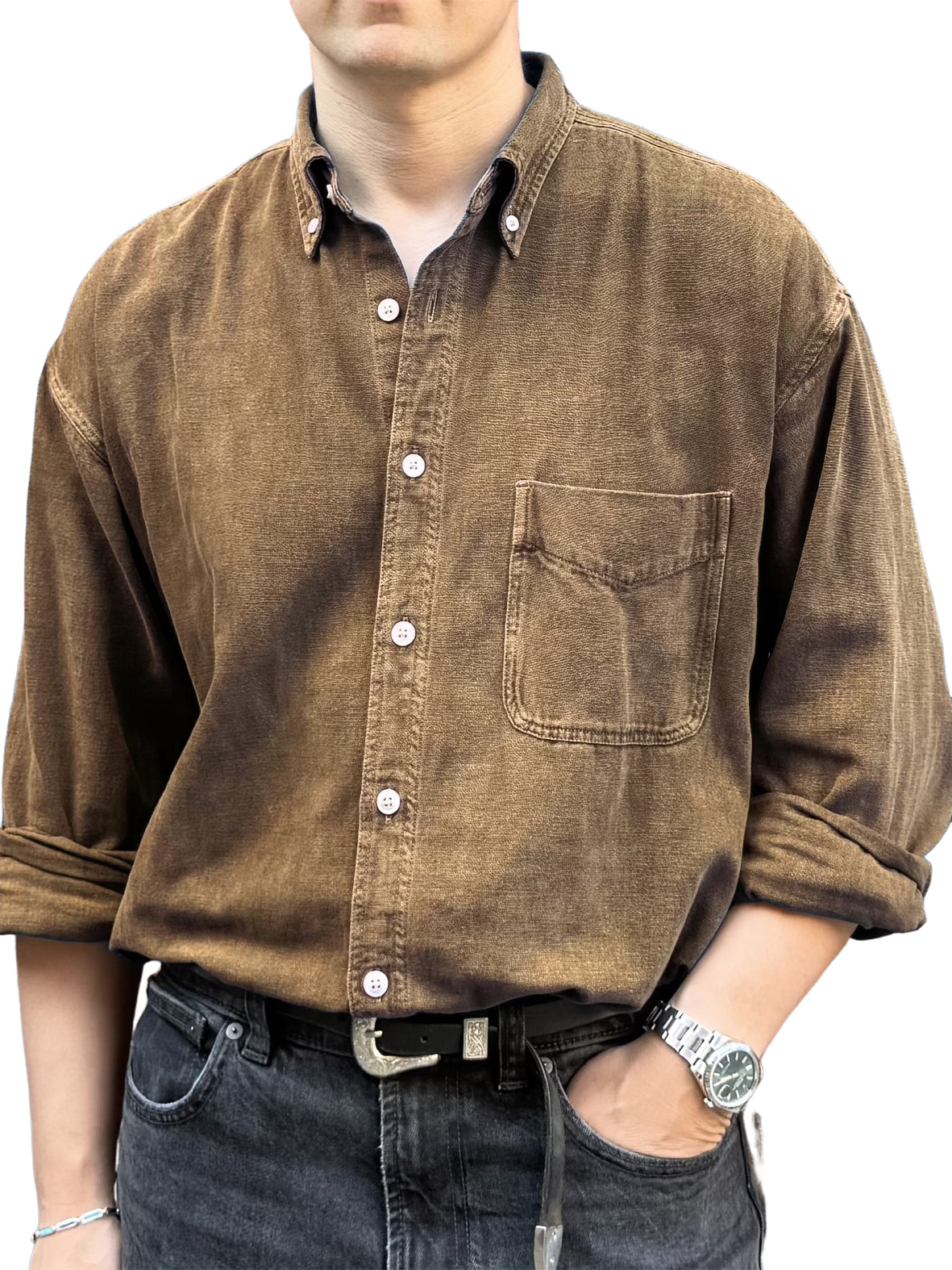 Men's Retro Fashion Distressed Pocket Long-Sleeve Shirt