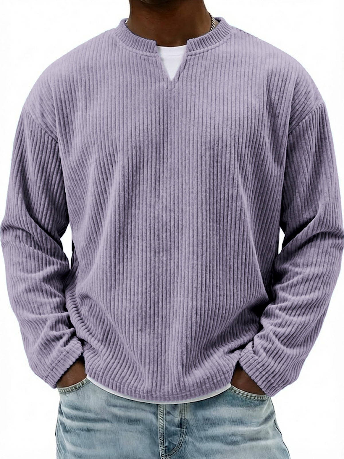Corduroy V-neck Casual Long-sleeved T-shirt