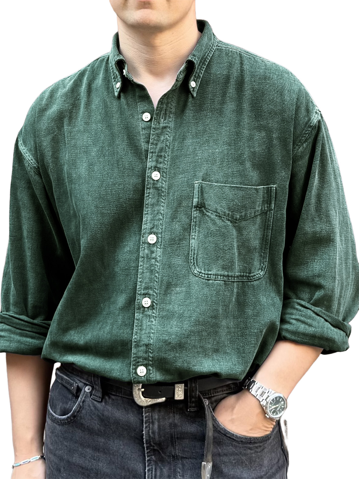 Men's Retro Fashion Distressed Pocket Long-Sleeve Shirt