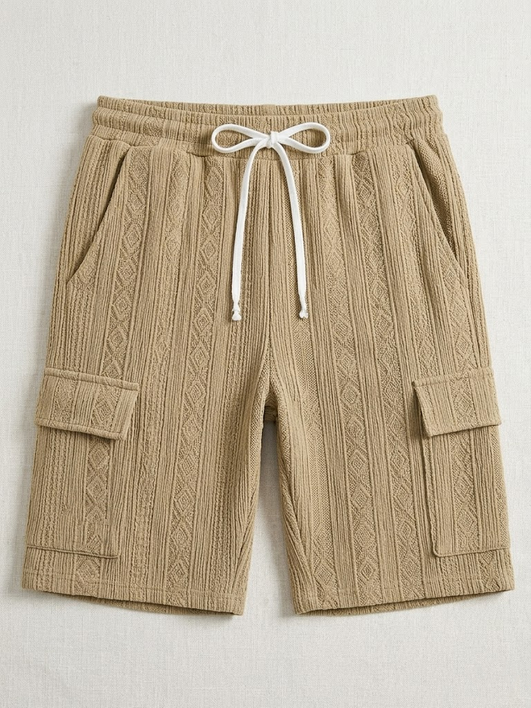 Men's Jacquard Retro Multi-pocket Casual Drawstring Shorts