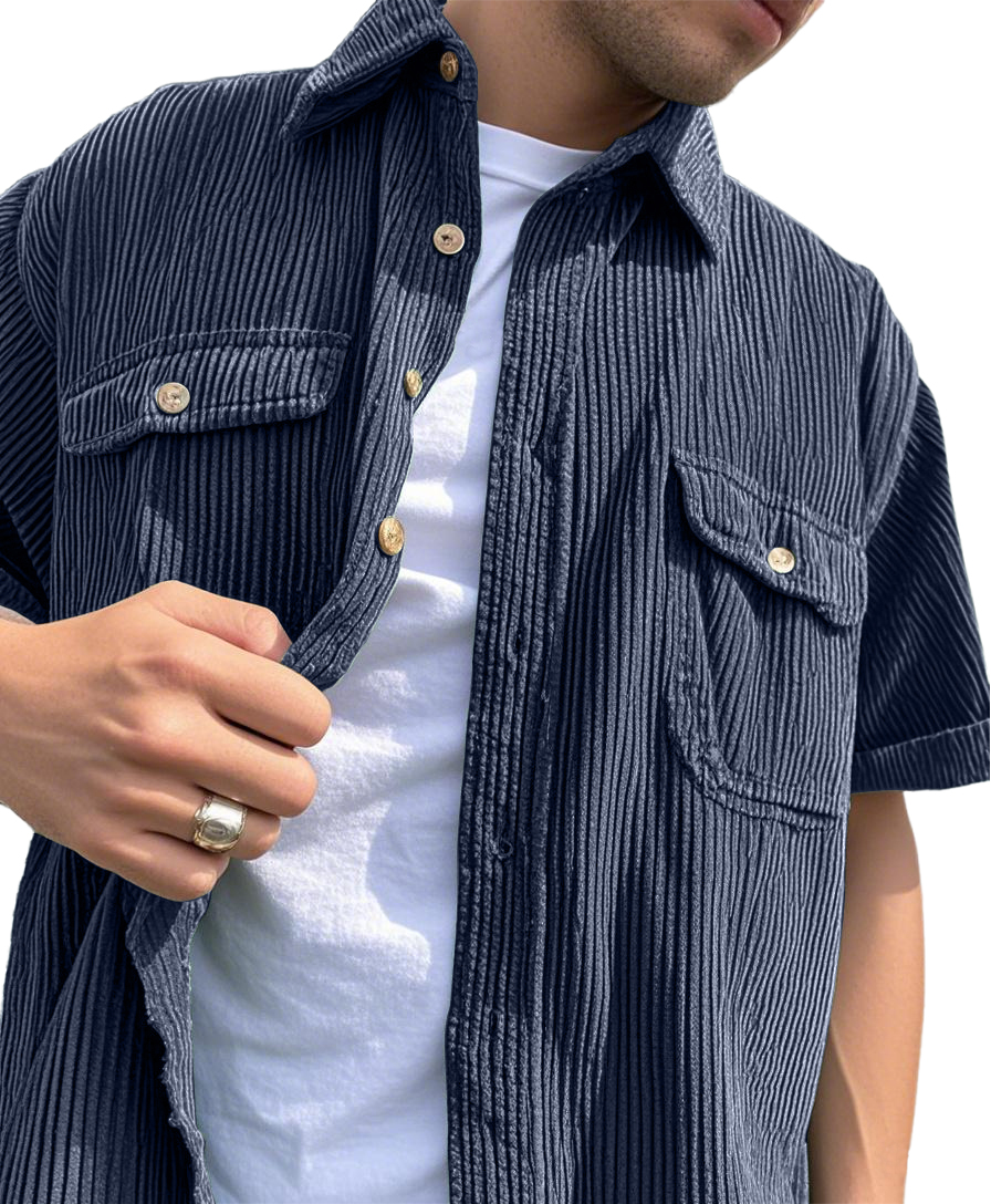 Men's Fashion Double-pocket Retro Corduroy Workwear Casual Short-sleeved Shirt