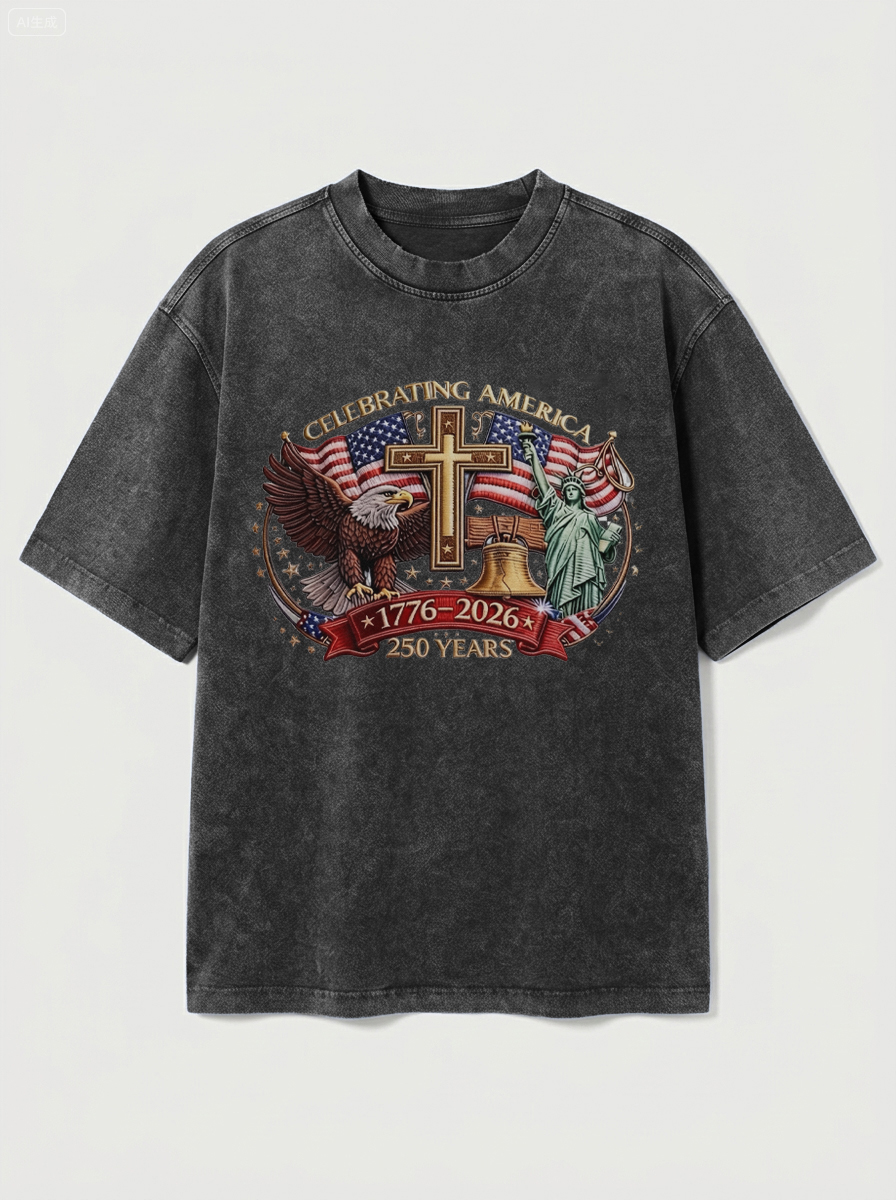 100% Cotton Vintage Washed & Distressed USA 250th Anniversary Crew Neck Short-Sleeve T-Shirt