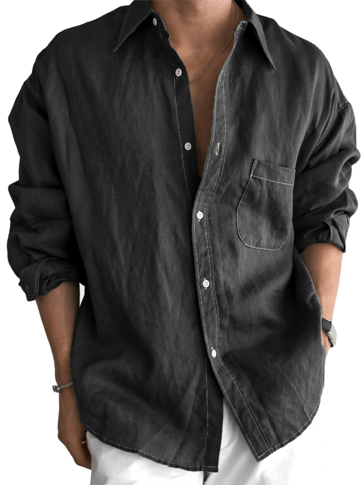 Men's Daily Cotton-linen Urban Casual Long-sleeve Shirt with Chest Pocket