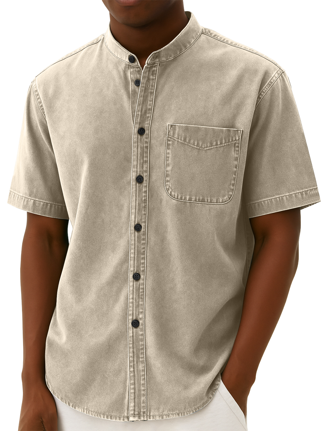 Men's Stylish Retro Distressed Pocket Work Short-sleeved Shirt With Stand-up Collar