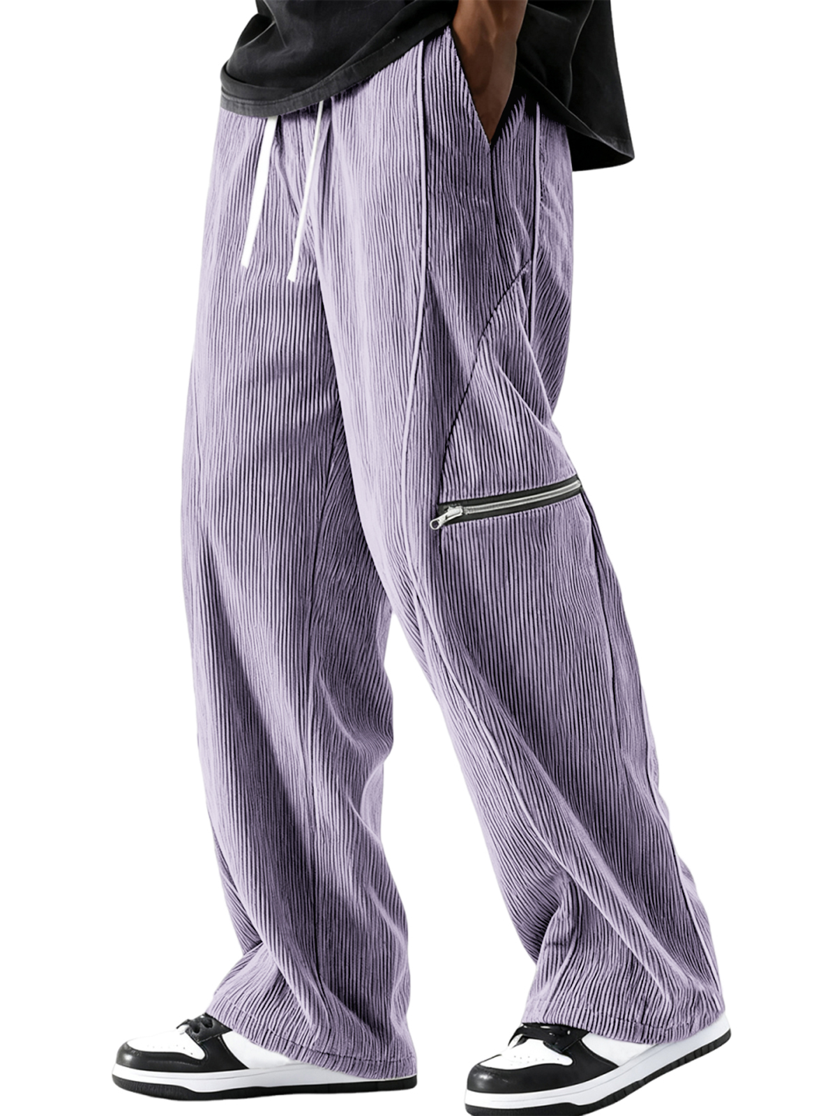 Men's Stylish Loose Corduroy Ribbed Pants with Zipper Pocket Everyday Trousers
