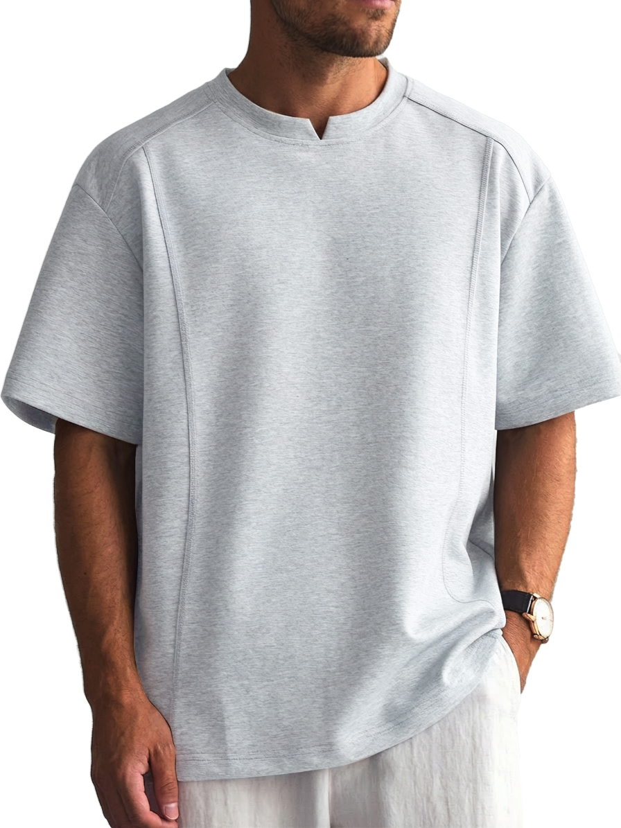 Men's Solid Color Deconstructed Short Sleeve T-Shirt with Shallow V-Neck