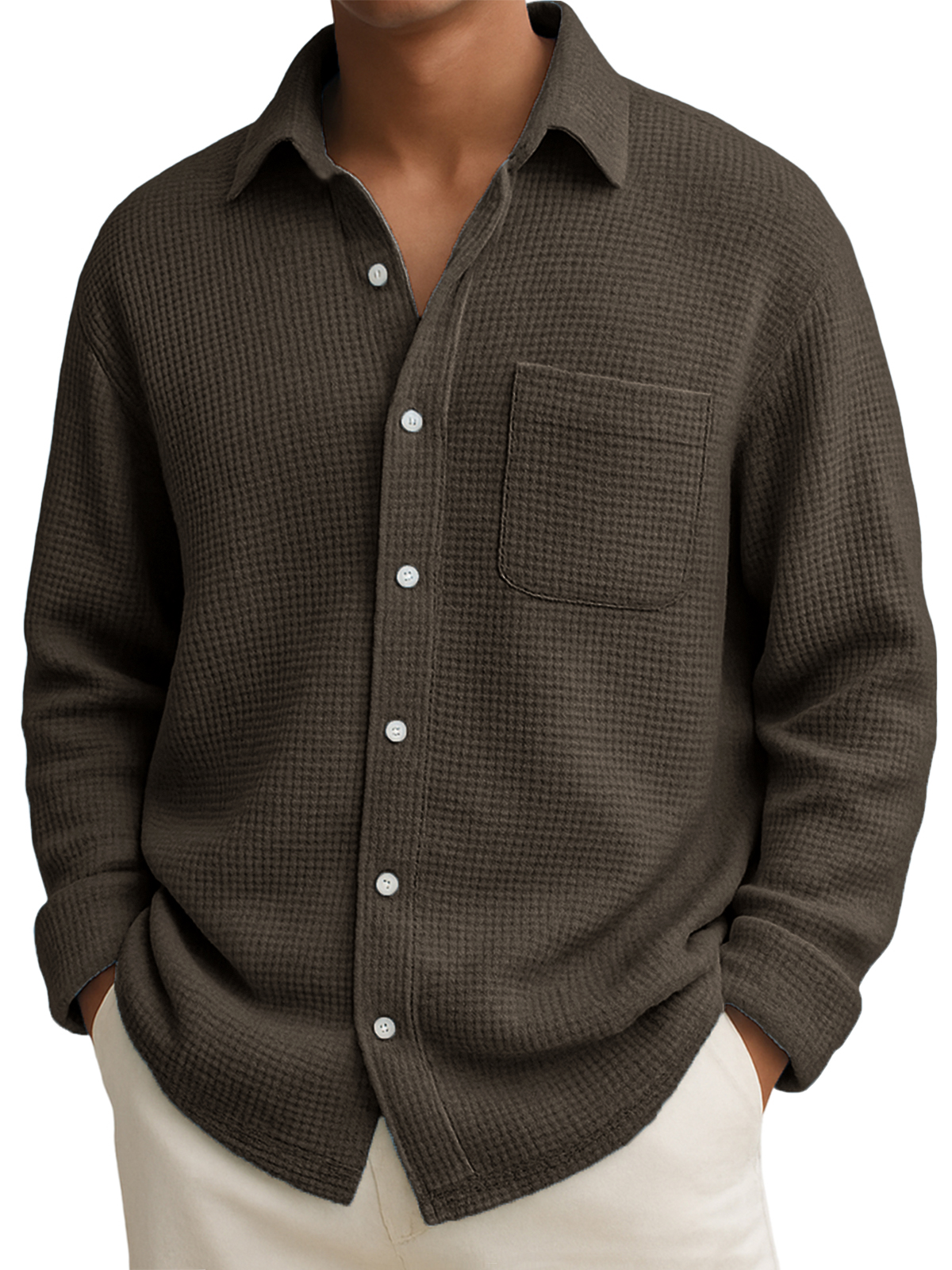 Men's Comfort Waffle Lapel Long Sleeve Shirt with Chest Pocket