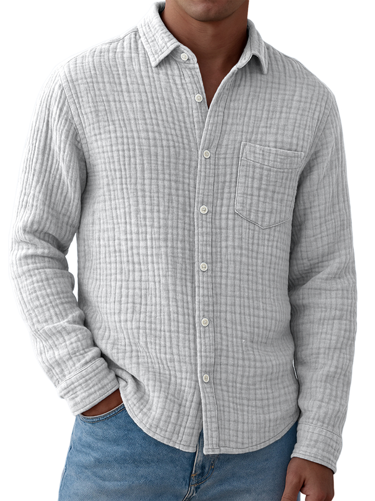 Men's Comfort Gauze Pleated Pocket Cotton Long Sleeve Shirt