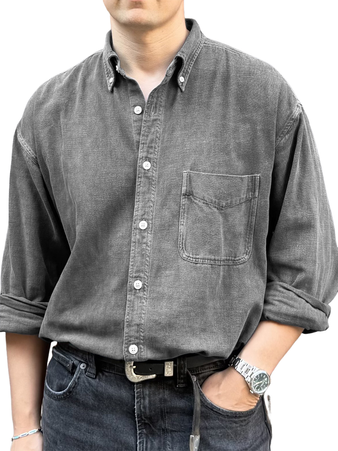 Men's Retro Fashion Distressed Pocket Long-Sleeve Shirt