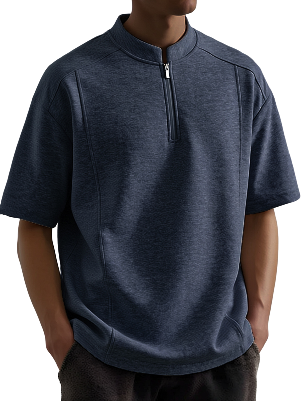 Men's Everyday Casual Deconstructed Design Quarter Zipper Short-Sleeve Henley Shirt