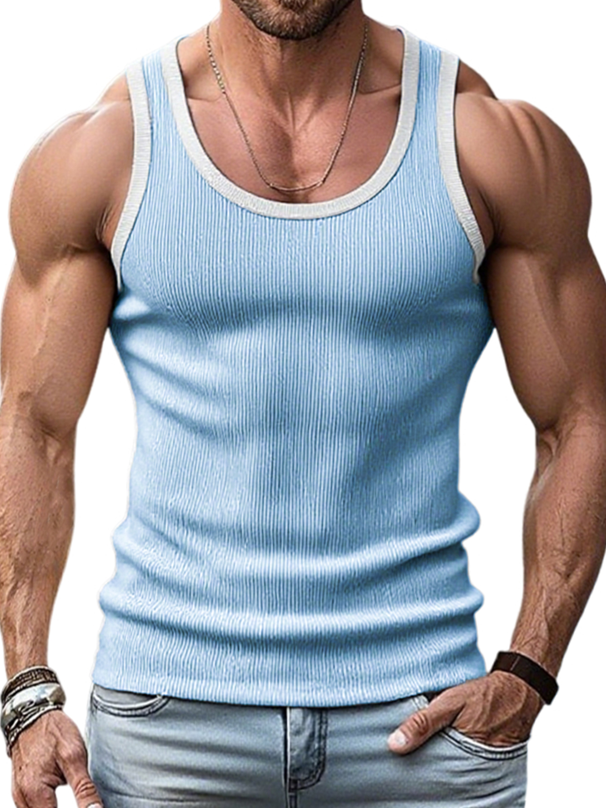 Men's Stylish Ribbed Contrast Color Sleeveless Sports Fitness Vest
