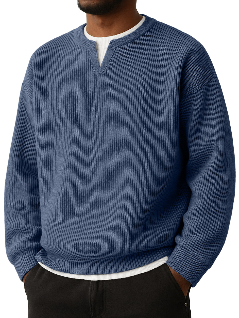 Men's Simple Striped Jacquard V-Neck Faux Two-Piece Casual Long-Sleeve T-Shirt