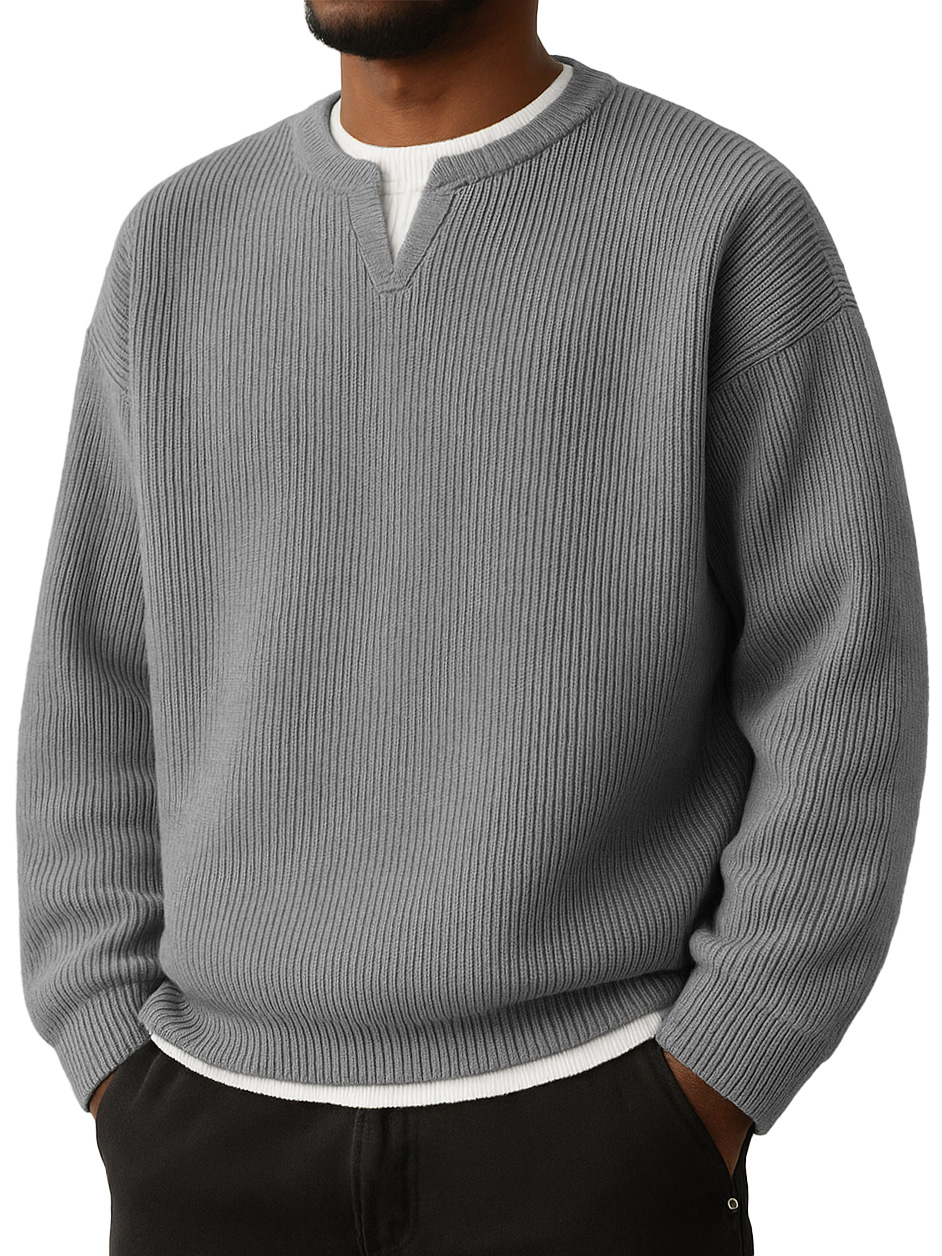 Men's Simple Striped Jacquard V-Neck Faux Two-Piece Casual Long-Sleeve T-Shirt