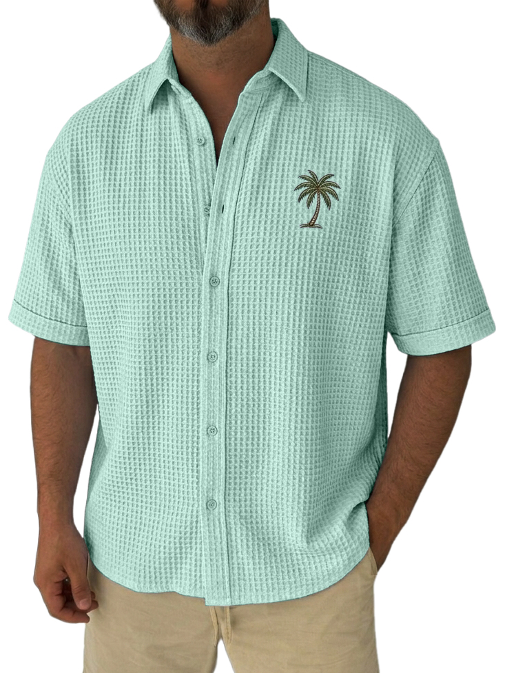 Men's Simple Casual Loose Fit Waffle-Knit Short Sleeve Shirt with Palm Tree Pattern