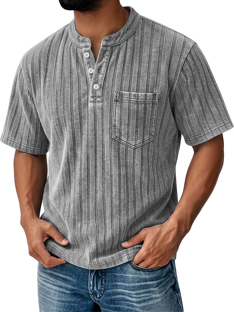 Men's Textured Striped Short-Sleeve Henley – Breathable & Comfortable
