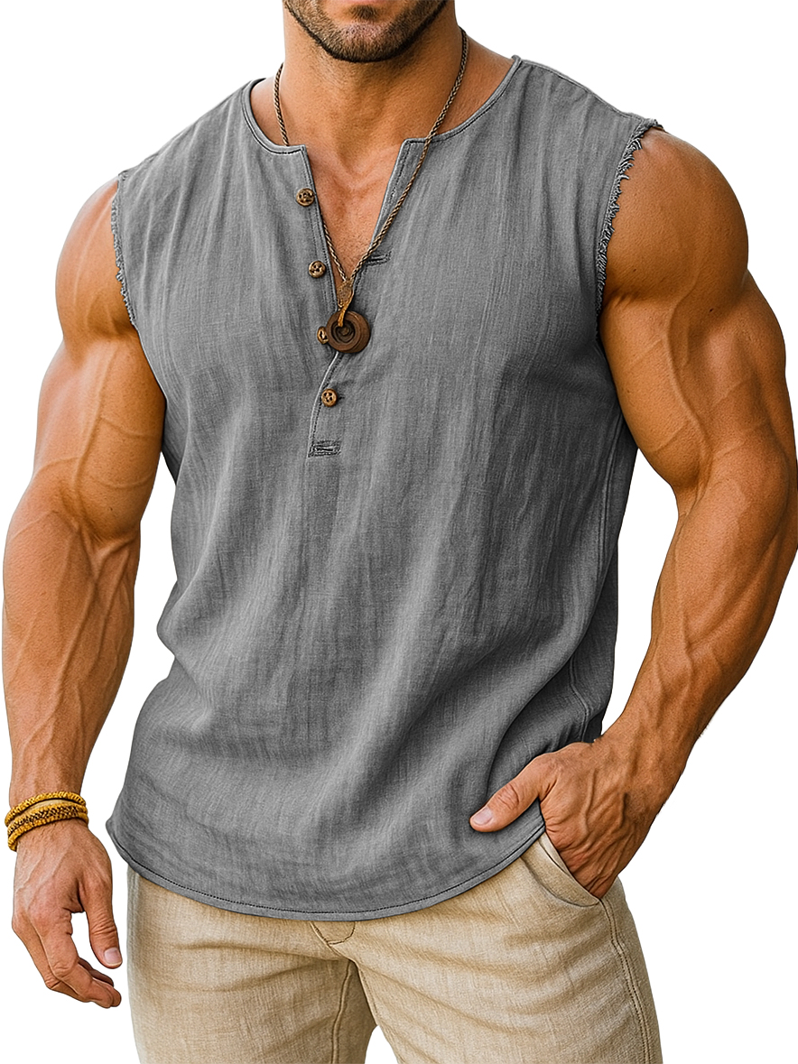 Men's Retro Cotton And Linen Sleeveless Henley Button-down T-shirt