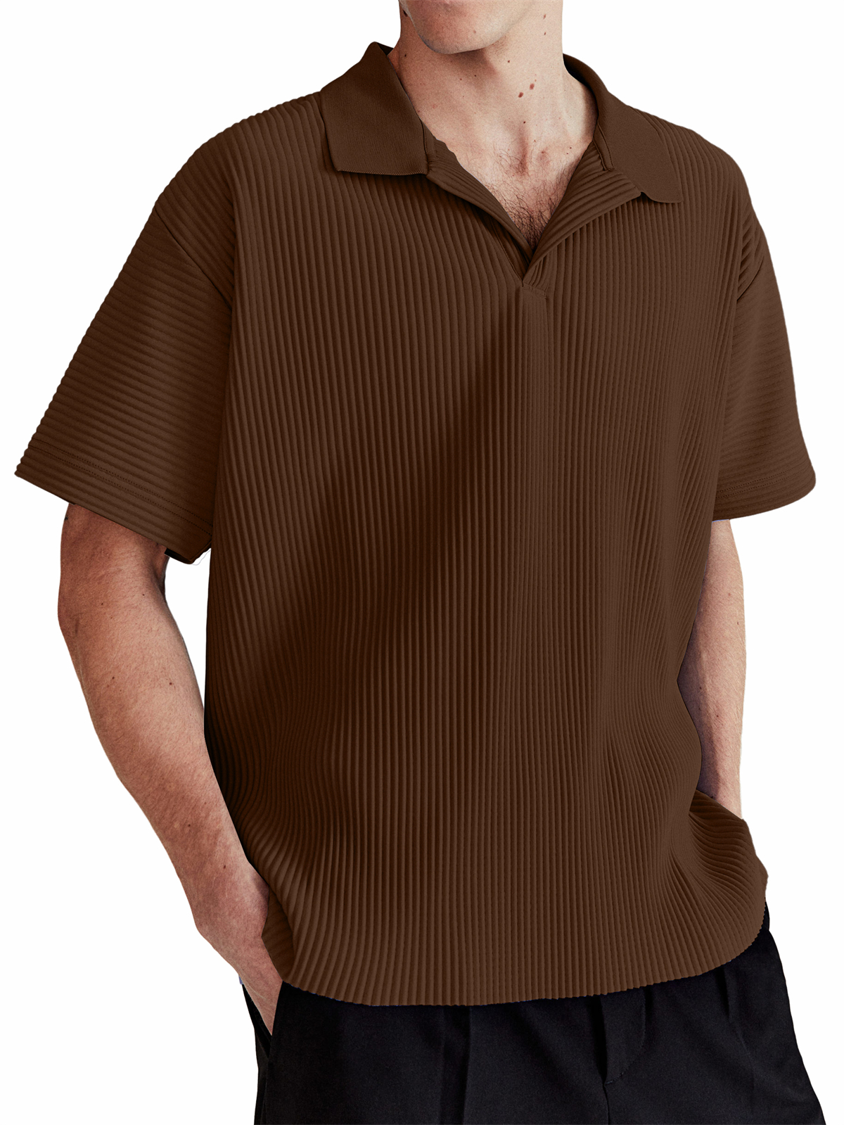 Men's Daily Casual Comfortable Vertical Striped Solid Color V-neck Short-sleeved Polo Shirt