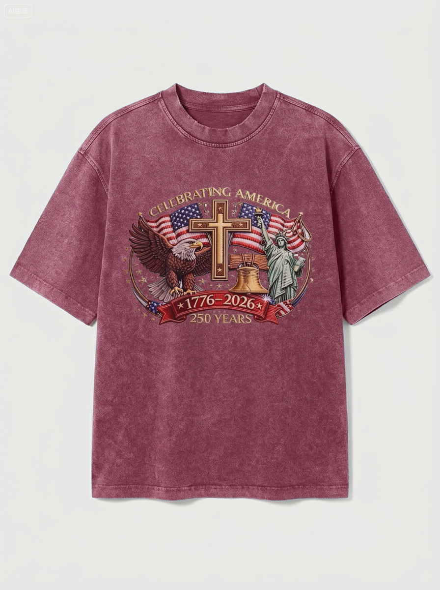100% Cotton Vintage Washed & Distressed USA 250th Anniversary Crew Neck Short-Sleeve T-Shirt