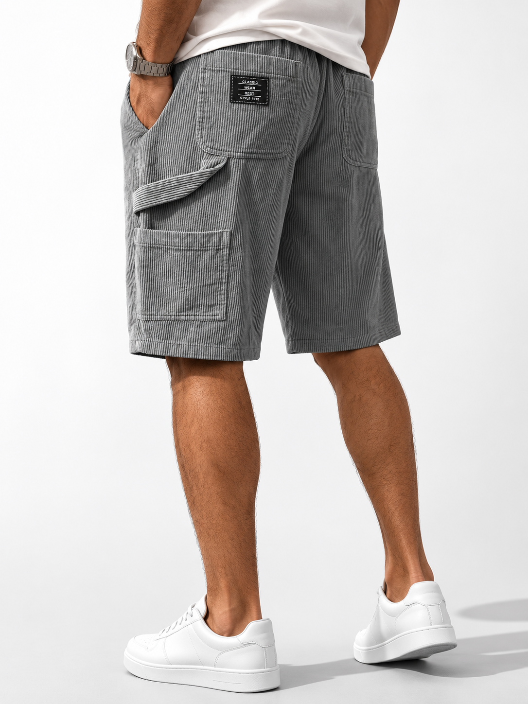Men's Retro Embroidered Suede Logo Corduroy Stylish Drawstring Casual Shorts