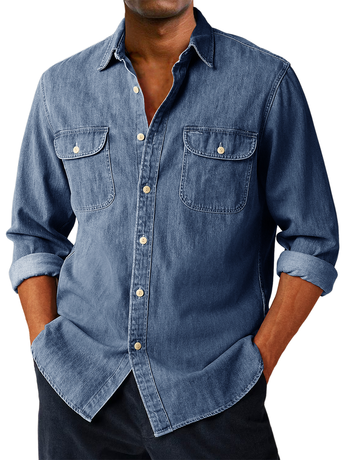 Men's Vintage Double-pocket Casual And Comfortable Long Sleeved Shirt