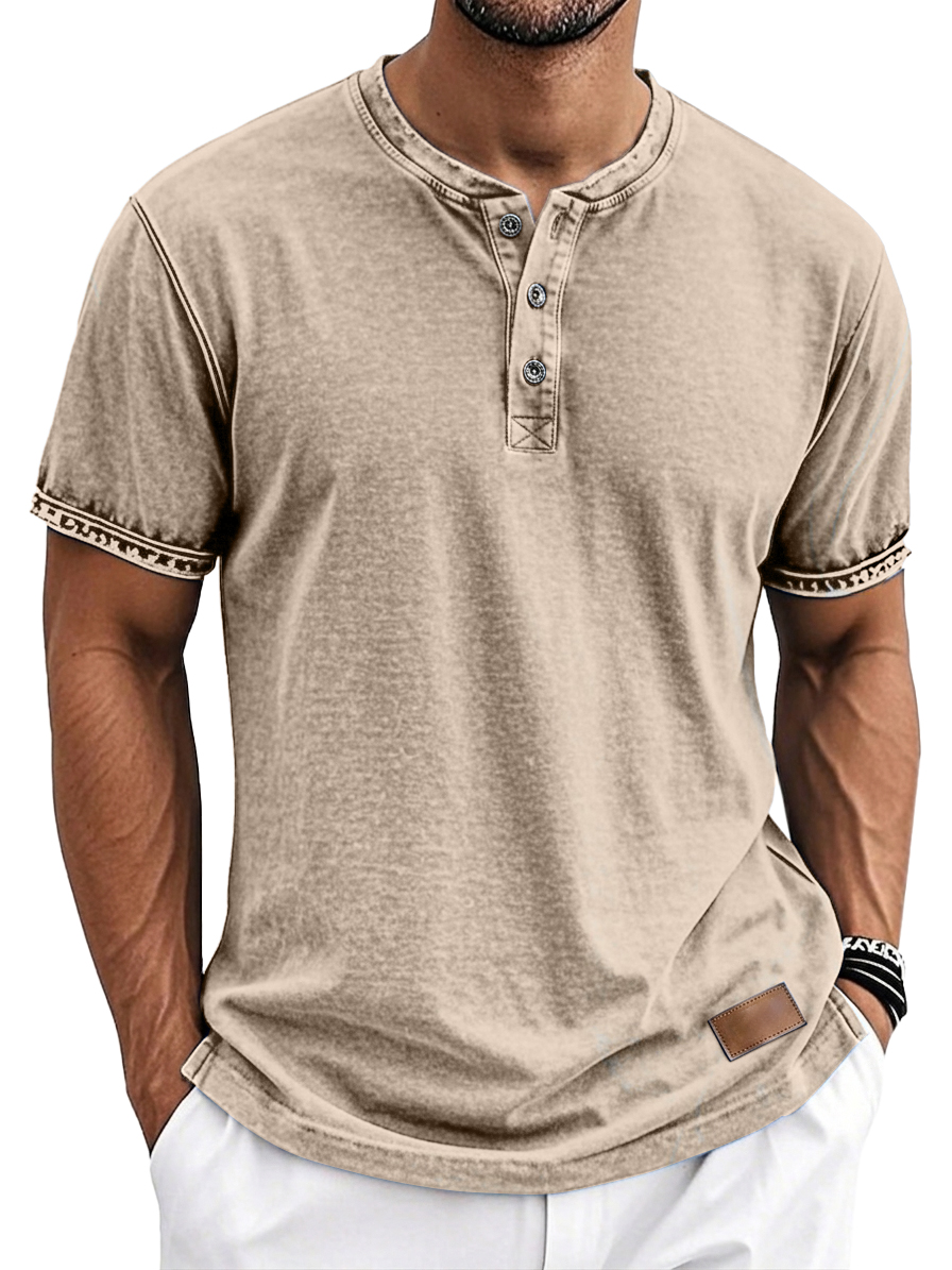 Men's Vintage Washed Retro Casual Short Sleeve Henley Shirt with Leather Logo Patch