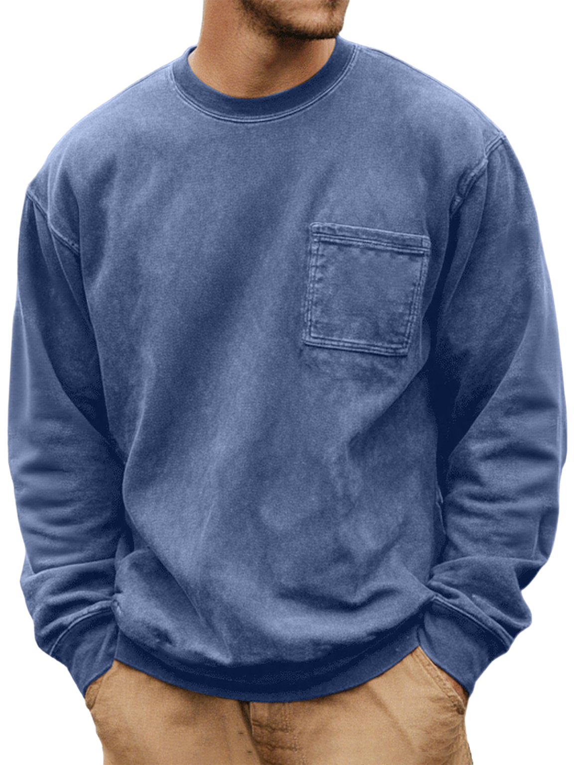 Men's Washed And Distressed Vintage Round Neck Pocket Basic Casual Long-sleeved T-shirt