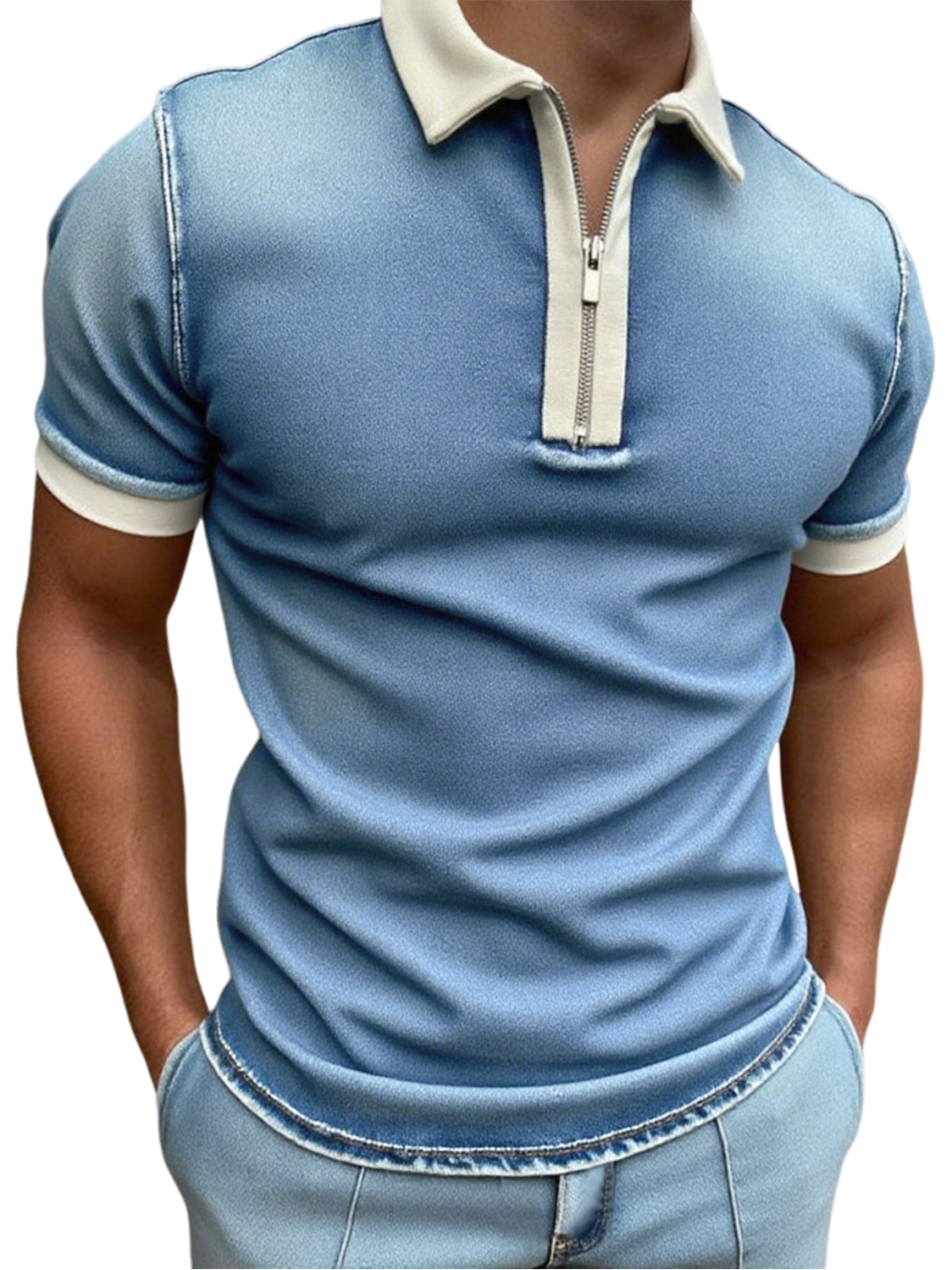 Men's Stylish Distressed Quarter Zip Short Sleeve Lapel Polo Shirt