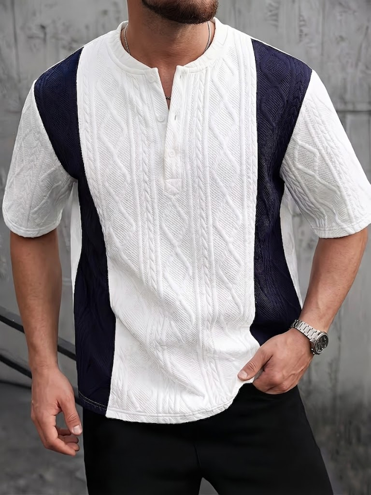 Men's Color-blocked Jacquard Textured Pullover Henley