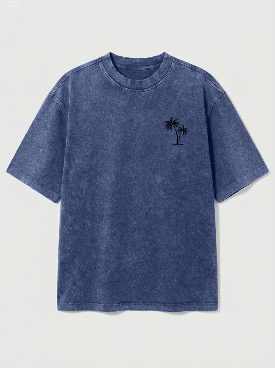100% Cotton Vintage Washed & Distressed Crew-Neck Short-Sleeve T-Shirt with Palm Tree Print