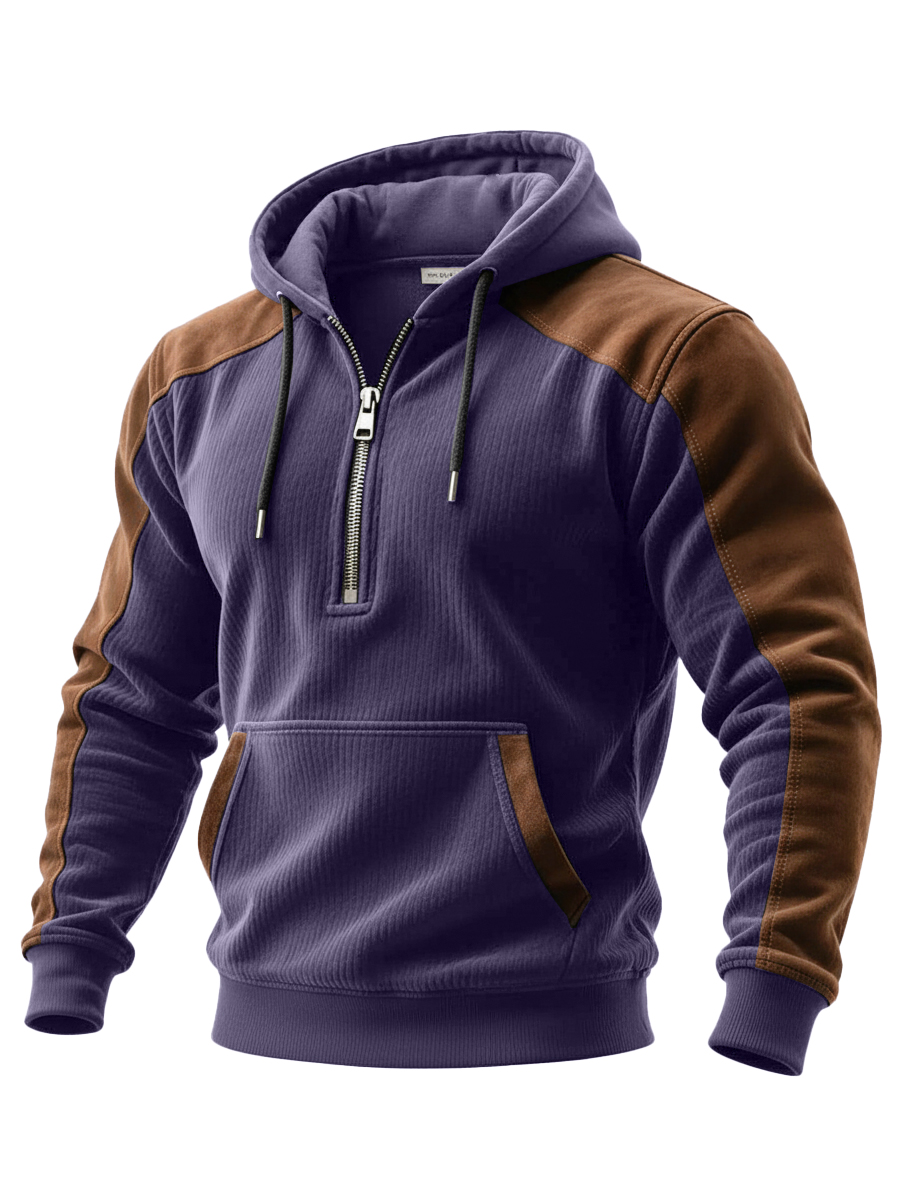 Men's Casual Retro Colorblock Zip  Hooded Sweatshirt