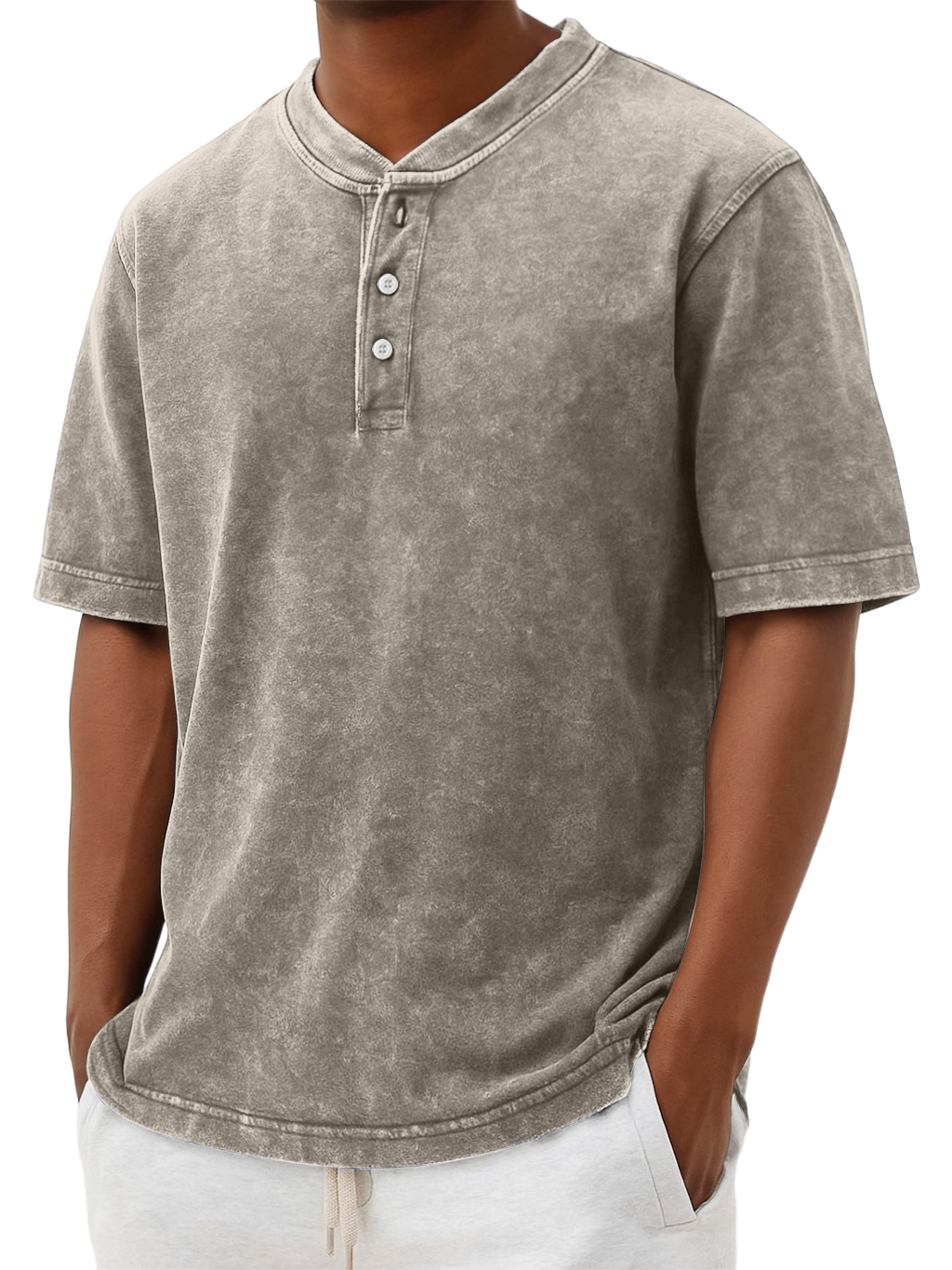 Men's Henry Collar Washed And Distressed Retro Casual Top