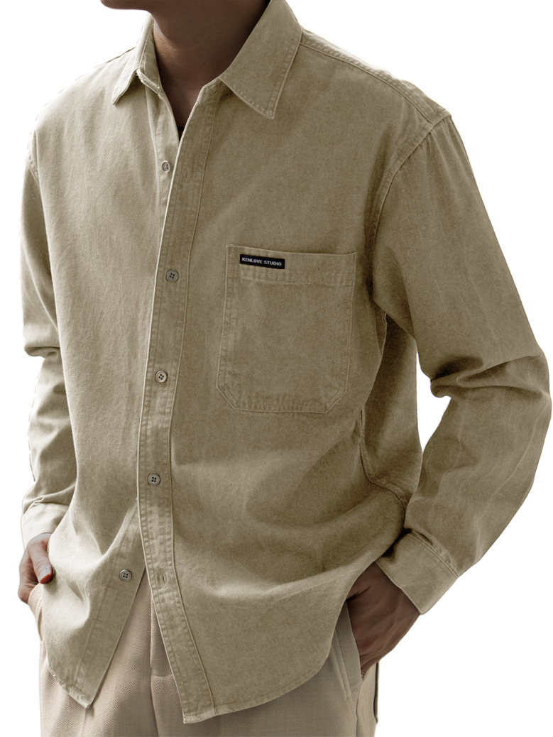 Men's Basic Vintage Washed Pocket Logo Long Sleeve Shirt