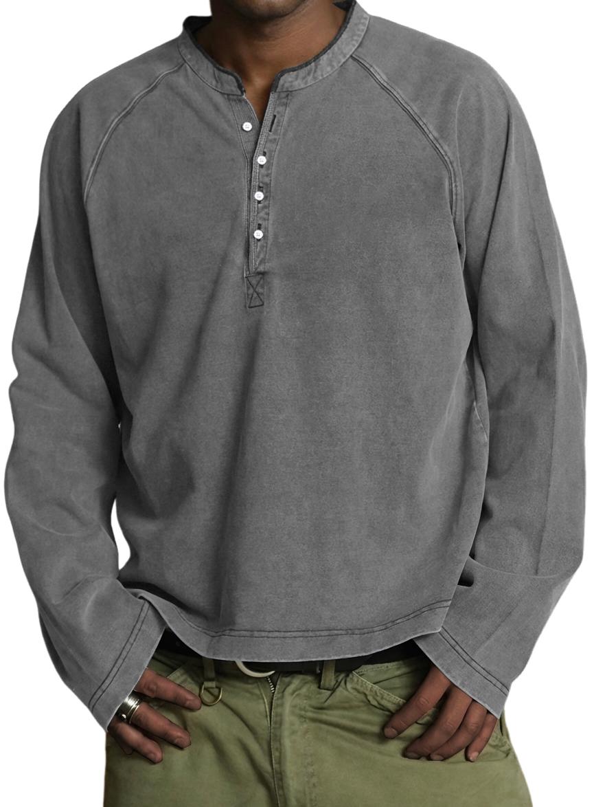 Men's Vintage Washed Cotton Henley Long-Sleeve T-Shirt