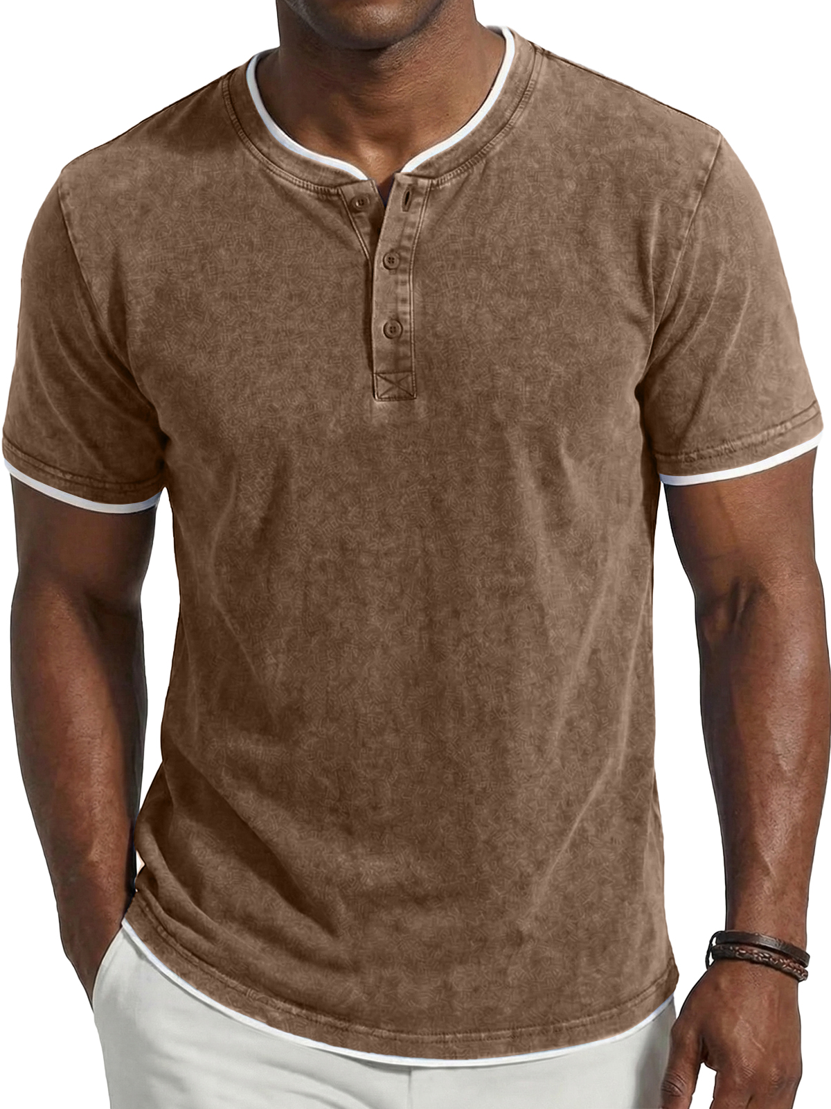 Men's Vintage Washed & Distressed Faux Layered Henley Short-Sleeve Top