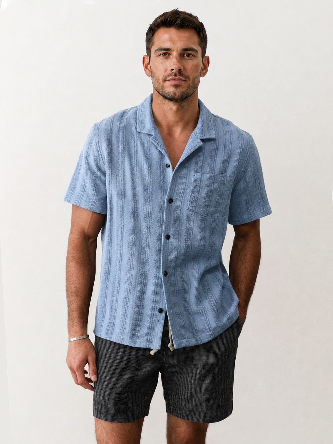 Men's Casual Breathable Comfortable Textured Jacquard Cuban Collar Shirt