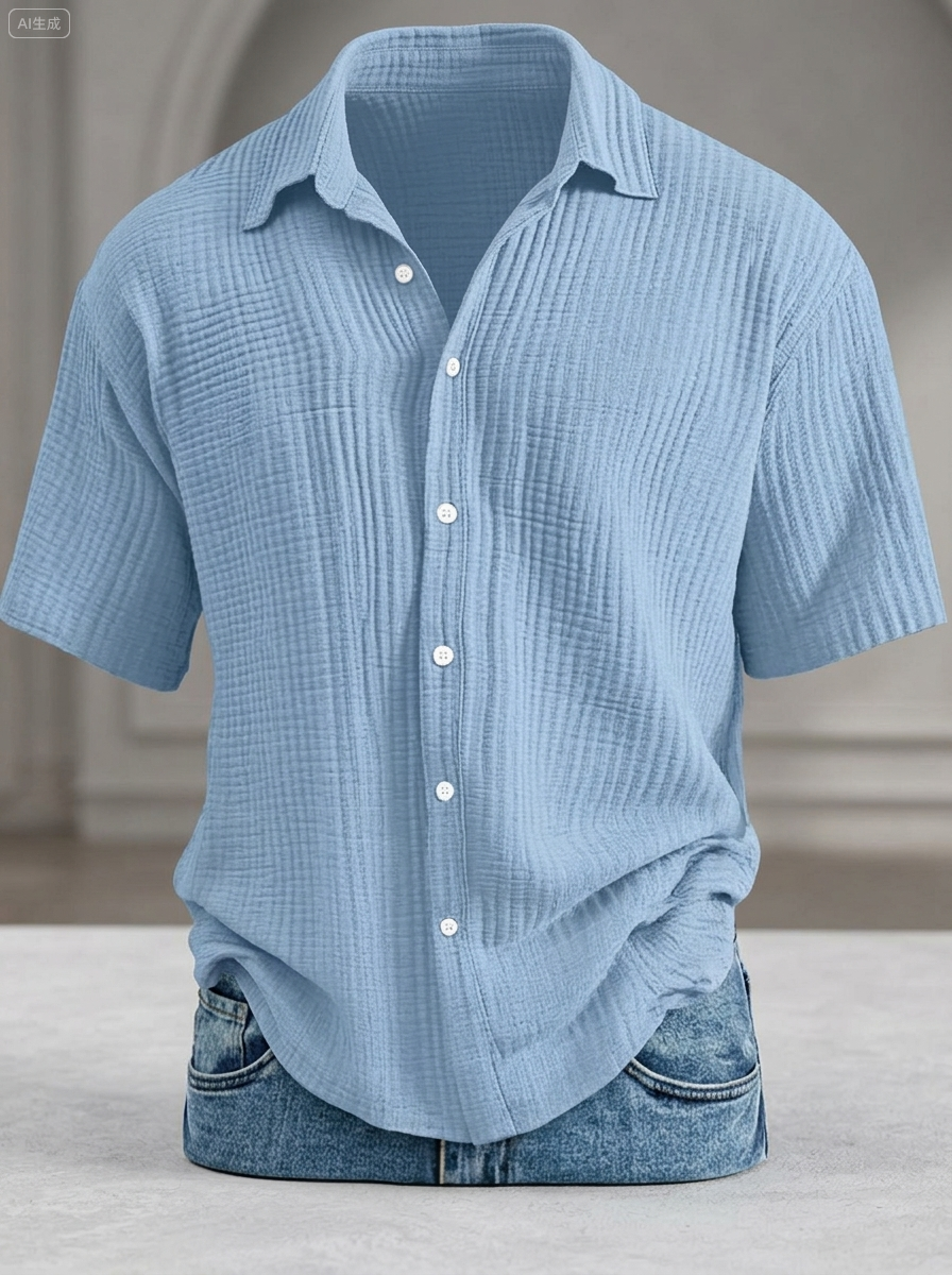 Men's Casual Loose-Fit Textured Short-Sleeve Shirt
