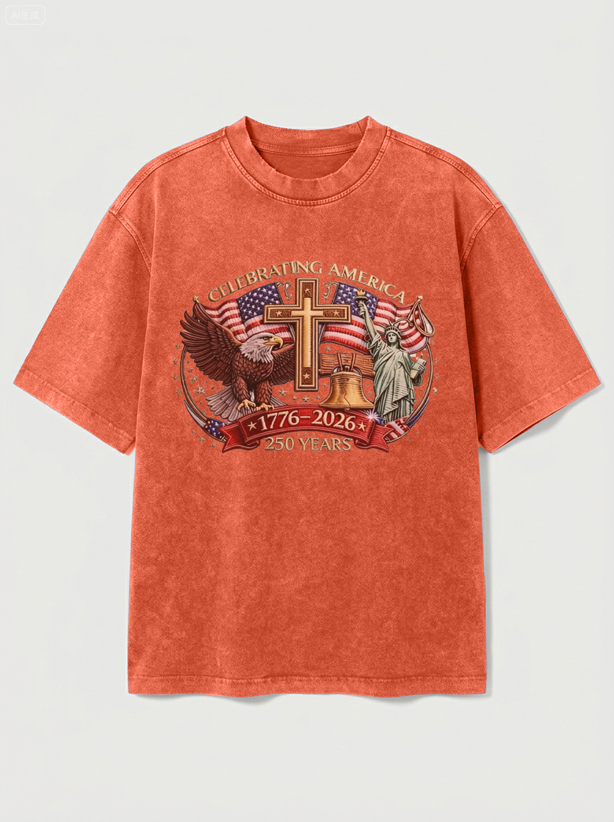 100% Cotton Vintage Washed & Distressed USA 250th Anniversary Crew Neck Short-Sleeve T-Shirt