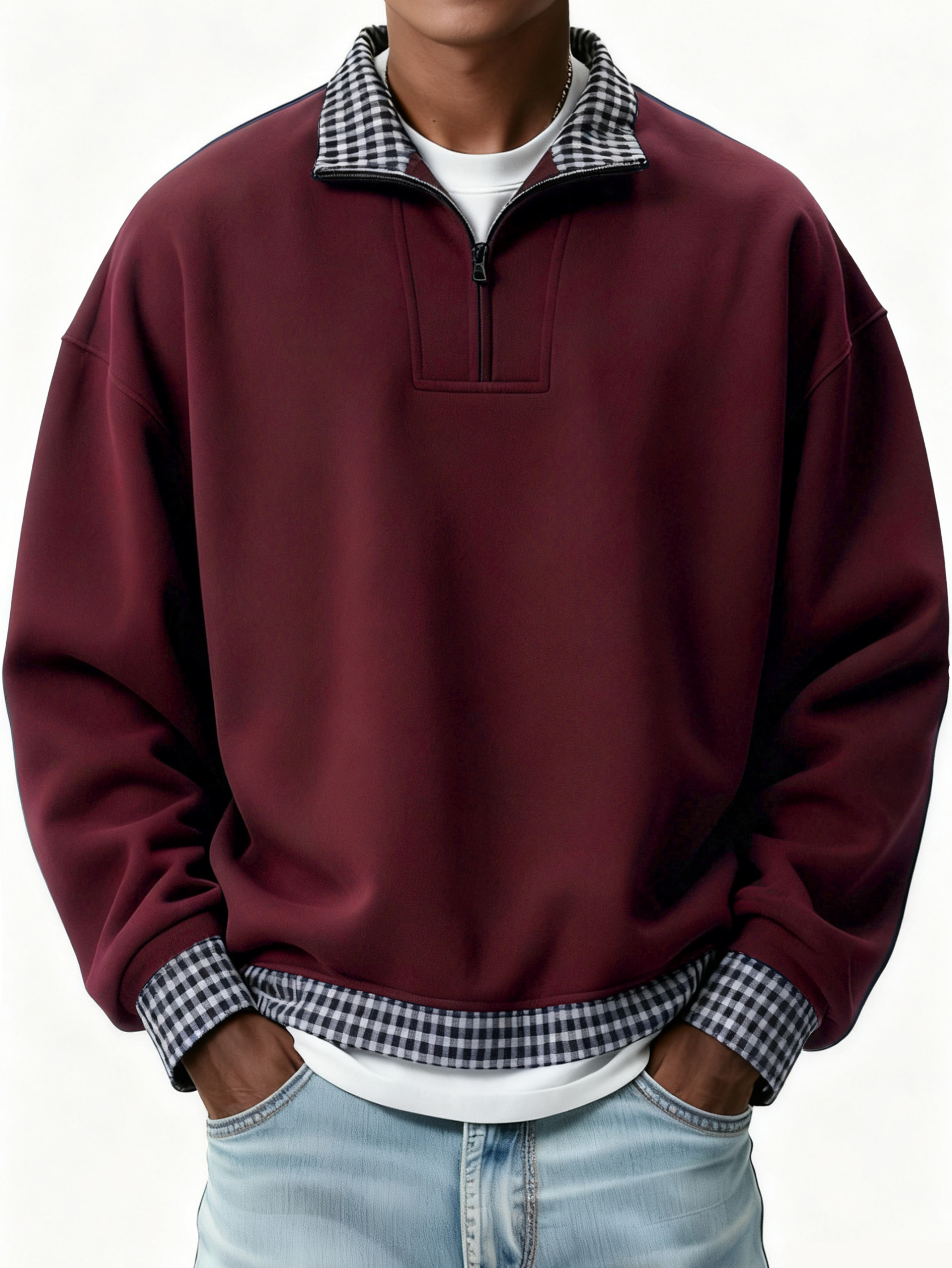 Men's Retro Casual Plaid Patchwork Quarter Zip Sweatshirt